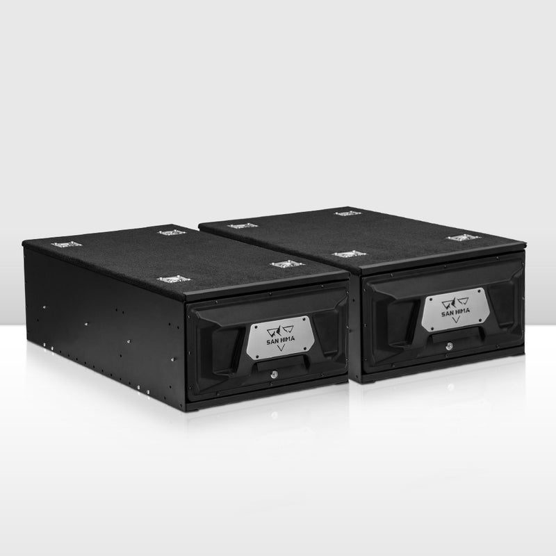 Two black storage boxes with a brand logo on a white background