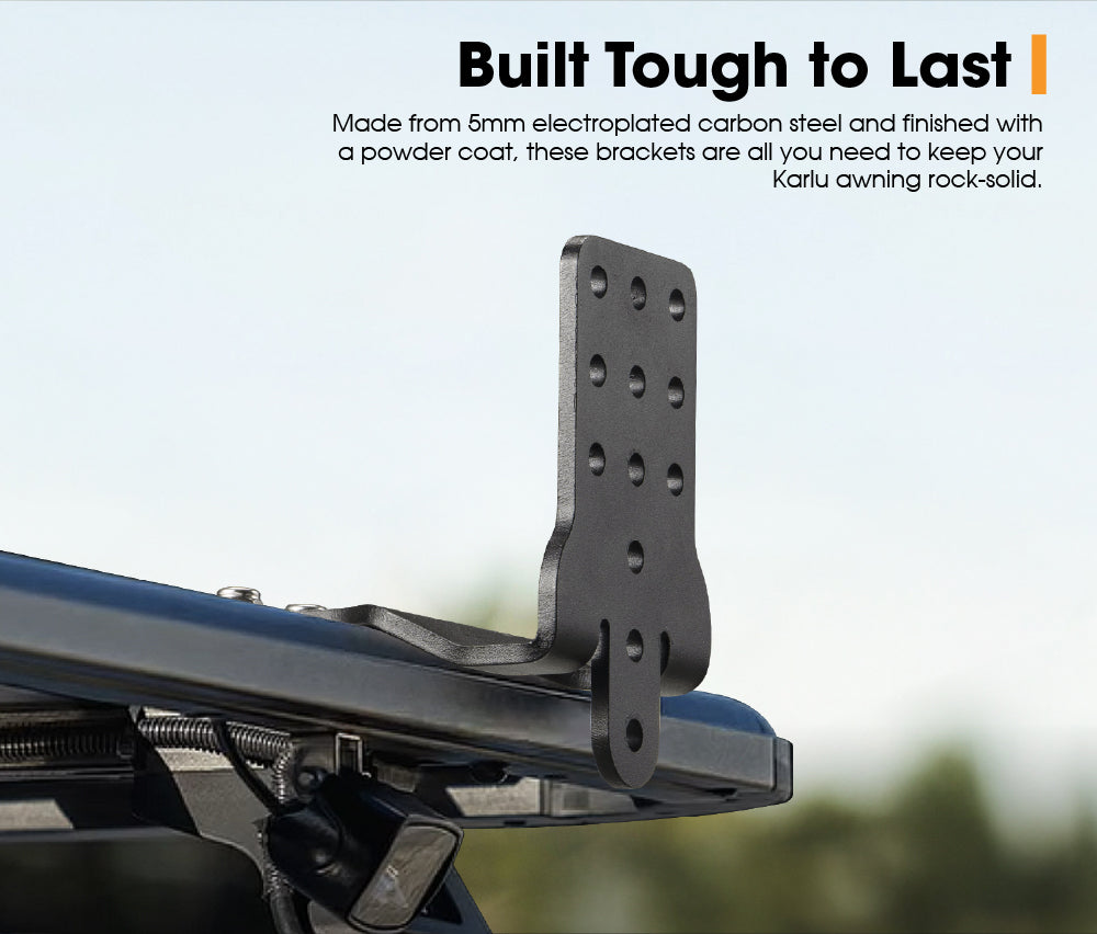 Metal roof rack awning bracket with text about durability and material used