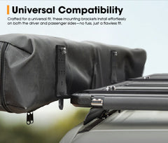 Roof rack with awning mounting brackets on a vehicle, featuring text about universal compatibility.