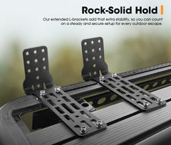 Metal L-brackets with extended design for stability on a vehicle roof rack.