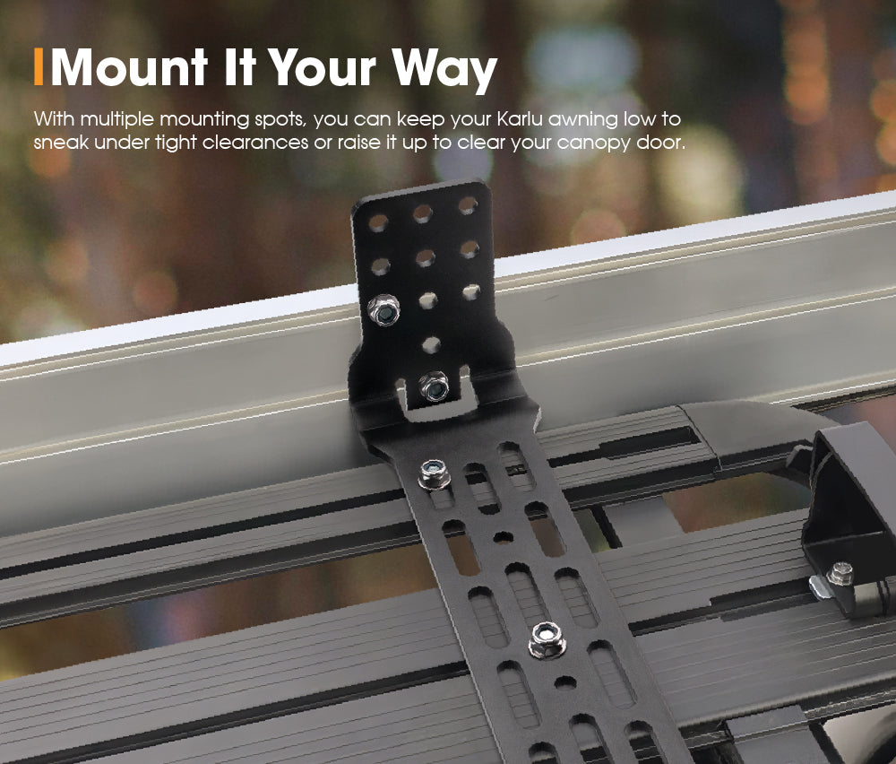 San Hima awning mounting bracket with text on a blurred outdoor background