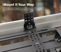 San Hima awning mounting bracket with text on a blurred outdoor background