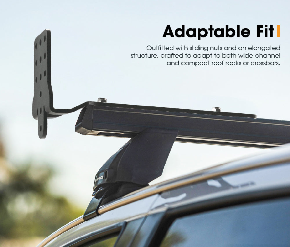 Awning roof rack bracket system on a vehicle with text highlighting adaptable fit.