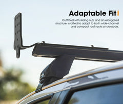 Awning roof rack bracket system on a vehicle with text highlighting adaptable fit.