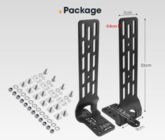 Black awning metal bracket set with screws and measurements on a white background