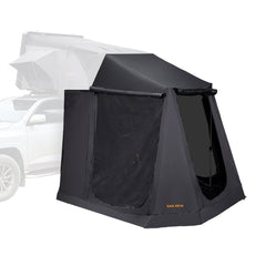 Black San Hima rooftop tent annex camping shade attached to a white SUV on a white background.