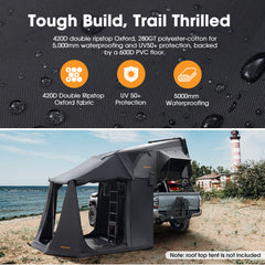 Tough build and trail thrilled text with product features and a bakkie with a roof top tent annex camping shade on a beach.