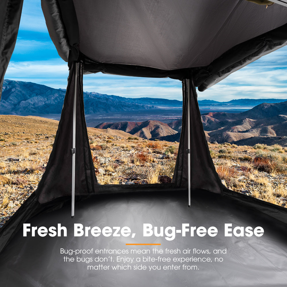 San Hima roof top camping tent annex camping shade with a view of mountains and desert landscape, featuring text about bug-proof entrances.