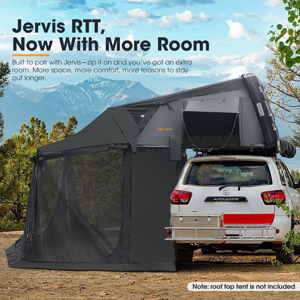 San Hima roof top tent annex camping shade attached to a vehicle and rooftop tent with scenic background.