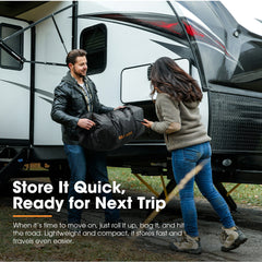 Two people loading a San Hima roof top tent annex camping shade in its storage bag onto an RV/caravan with text about storage features.
