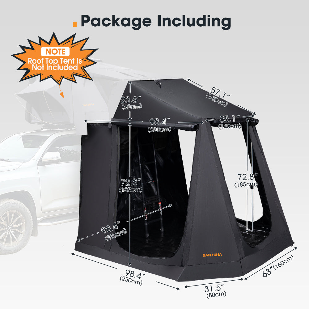San Hima roof top tent annex camping shade on a white background with its assembled dimensions.