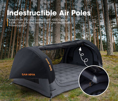 Black inflatable air bed with 'San Hima' branding in a forest setting, highlighting indestructible air poles.
