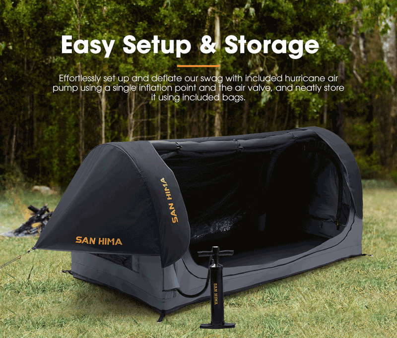 Animated image showcasing the easy setup steps and storage features of the San Hima swag tent.