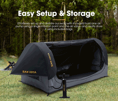 Animated image showcasing the easy setup steps and storage features of the San Hima swag tent.