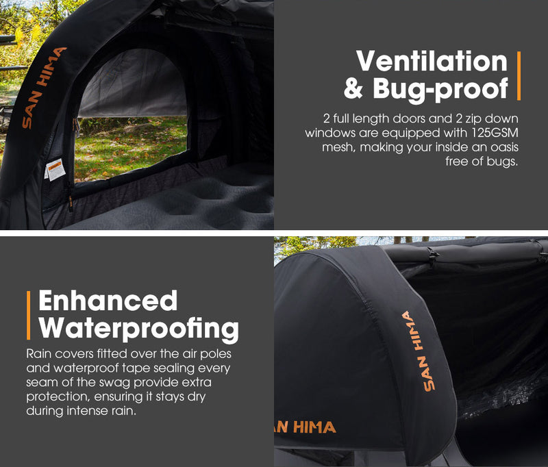 San Hima tent with ventilation, bug-proof, and waterproof features highlighted.