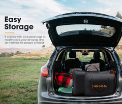Car trunk with open doors, showing swag tent storage bag and a person sitting inside, with text about easy storage.