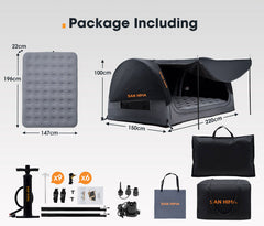 SAN HIMA swag tent package with dimensions and included items on a gray background