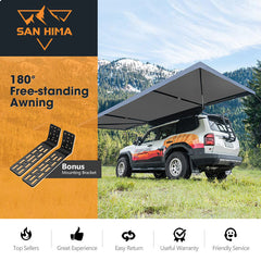 San Hima 180° Free-standing Awning with bonus mounting bracket on a vehicle in a mountainous area.