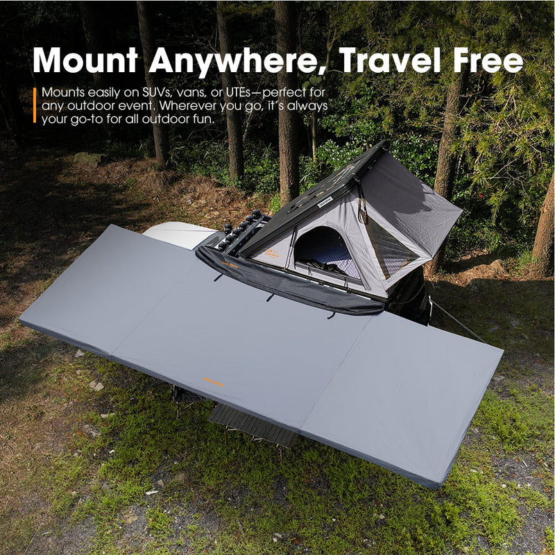 Roof top tent mounted on a vehicle in a forest setting with awning and promotional text.