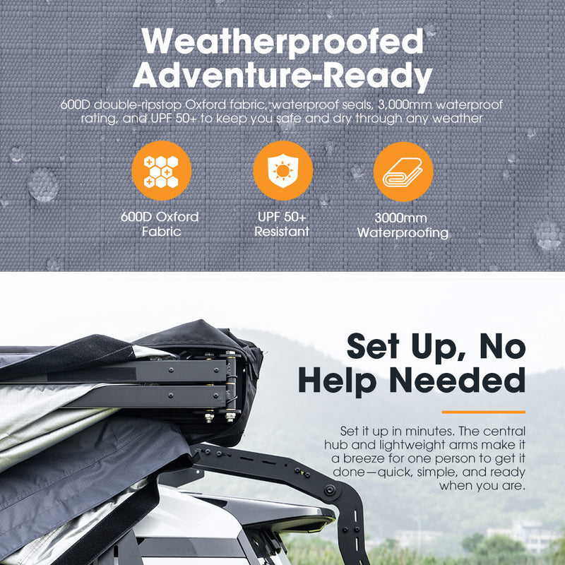 Weatherproofed outdoor awning set with text highlighting features and ease of setup.
