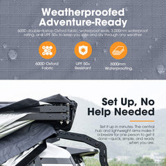 Weatherproofed outdoor awning set with text highlighting features and ease of setup.