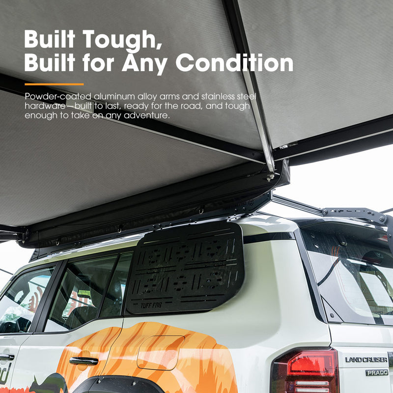 Car with an awning system on a white background, featuring text about durability.