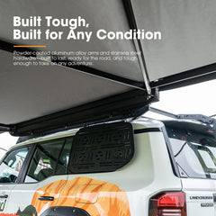 Car with an awning system on a white background, featuring text about durability.