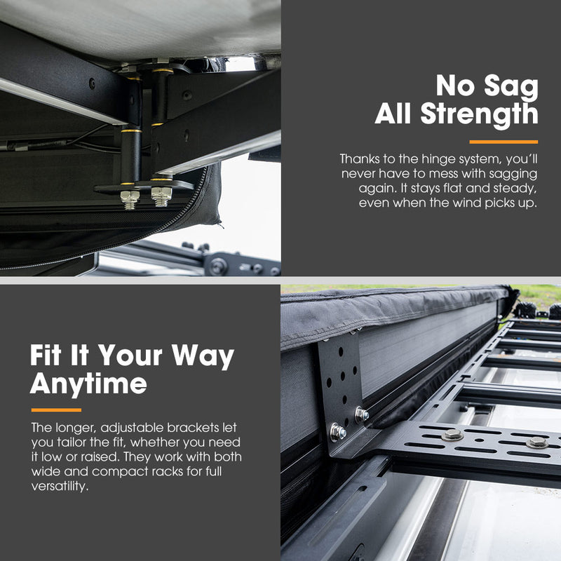 Advertisement for an awning cover system with text highlighting features like 'No Sag All Strength' and 'Fit It Your Way Anytime'.