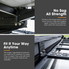 Advertisement for an awning cover system with text highlighting features like 'No Sag All Strength' and 'Fit It Your Way Anytime'.
