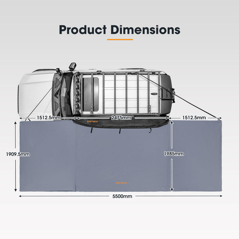 Dimensions of a vehicle awning system with labeled measurements on a gray background.