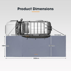 Dimensions of a vehicle awning system with labeled measurements on a gray background.