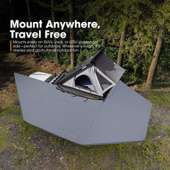 Portable awning tent mounted on a vehicle with text 'Mount Anywhere, Travel Free' in a forest setting.