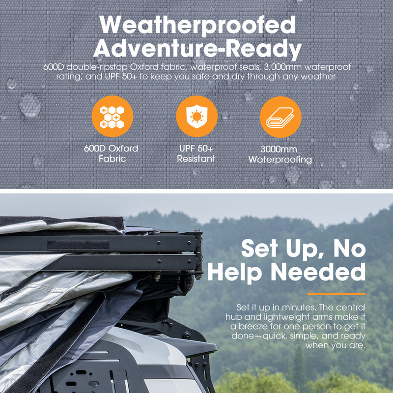 Weatherproof awning system with text highlighting features and ease of setup.