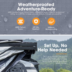 Weatherproof awning system with text highlighting features and ease of setup.