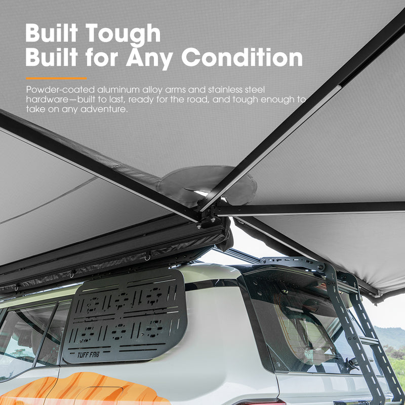 Car roof awning system with text highlighting durability and versatility