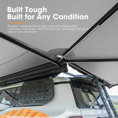 Car roof awning system with text highlighting durability and versatility