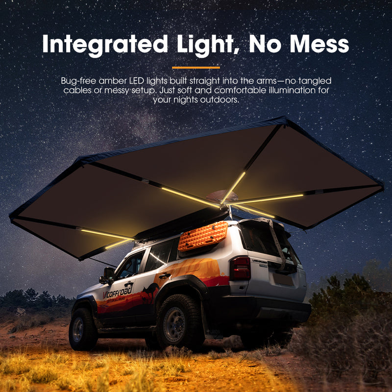 Car with an open roof awning and integrated LED lights against a starry night sky.
