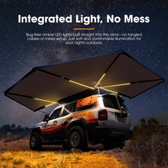 Car with an open roof awning and integrated LED lights against a starry night sky.