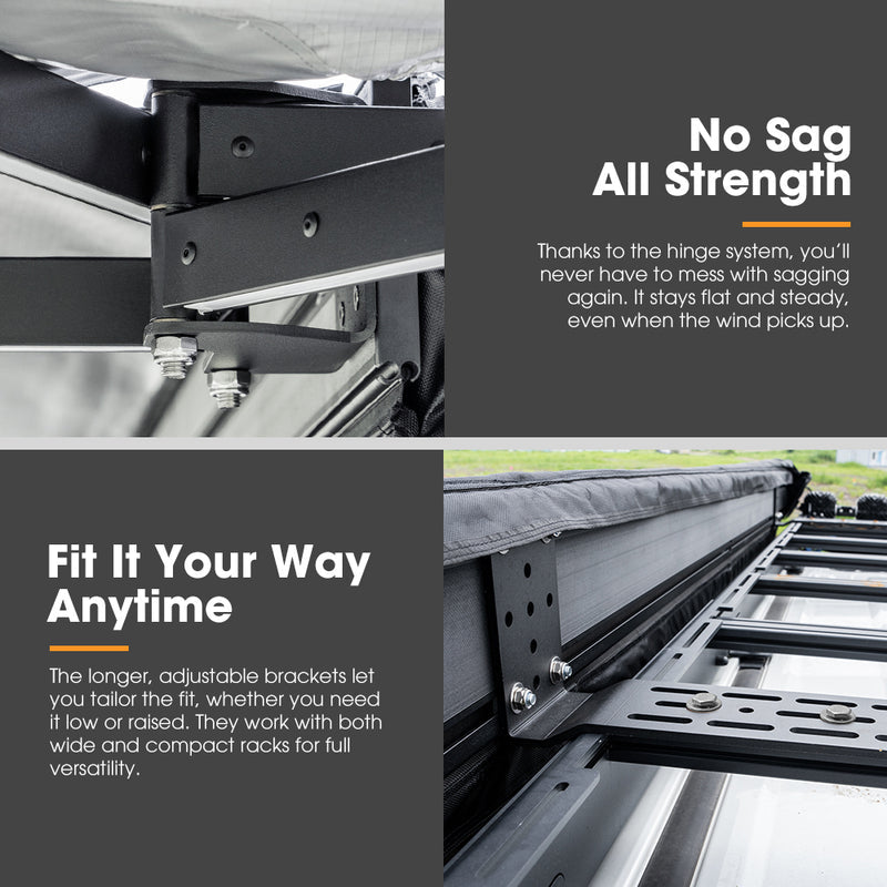 Awning system with adjustable brackets and text highlighting features.