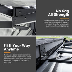 Awning system with adjustable brackets and text highlighting features.