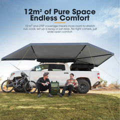 Two people sitting under a large truck awning with text about space and comfort.