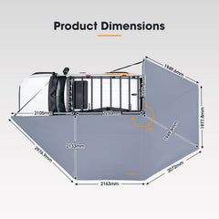 Diagram showing the dimensions of an awning with labeled measurements on a gray background.