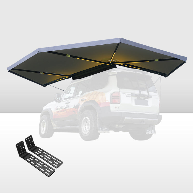 Car roof tent awning with mounting brackets on a white background