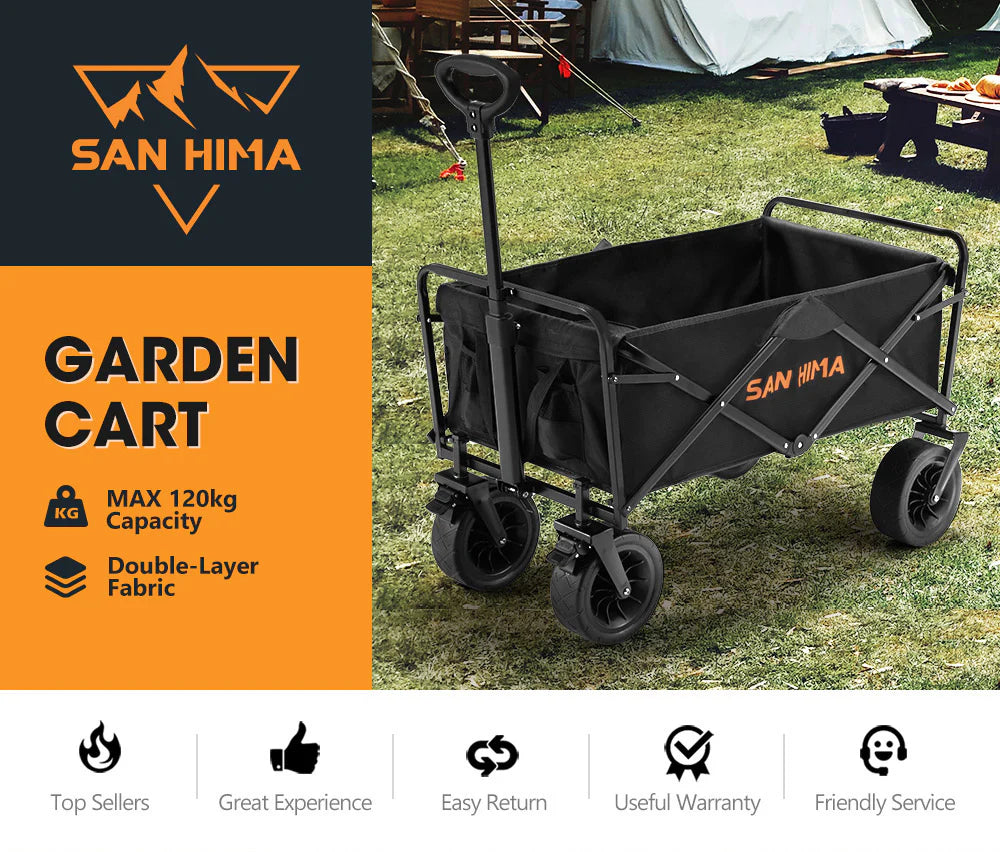 Black garden cart with San Hima branding on a grassy outdoor setting