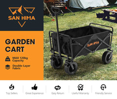 Black garden cart with San Hima branding on a grassy outdoor setting