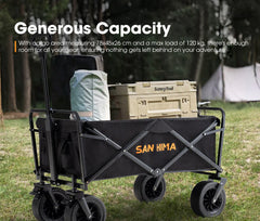 Black folding storage wagon with 'San Hima' branding on a grassy area with camping gear.