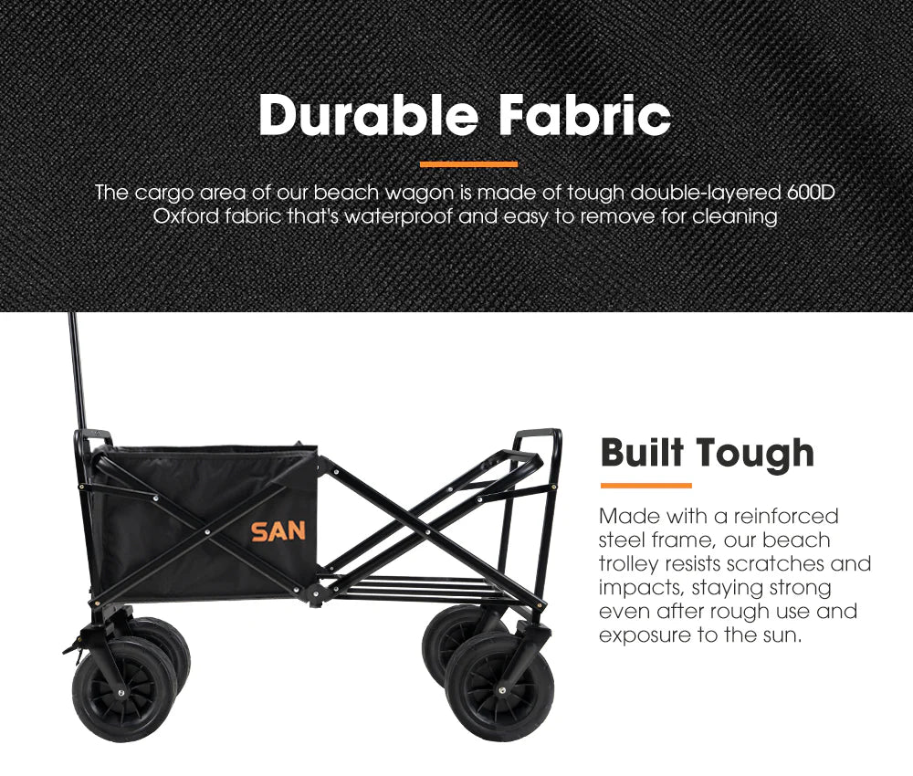 Black beach storage wagon with text about durable fabric and built-tough construction on a black background.