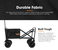 Black beach storage wagon with text about durable fabric and built-tough construction on a black background.