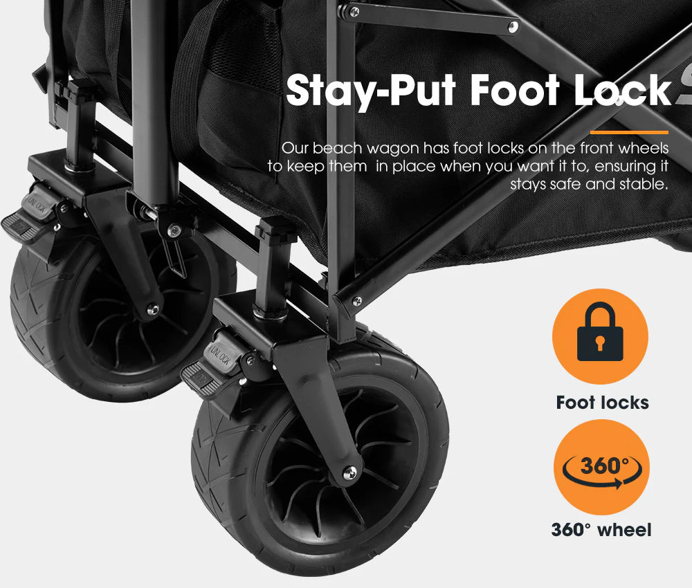 Camping storage wagon with foot locks on front wheels and text explaining feature.