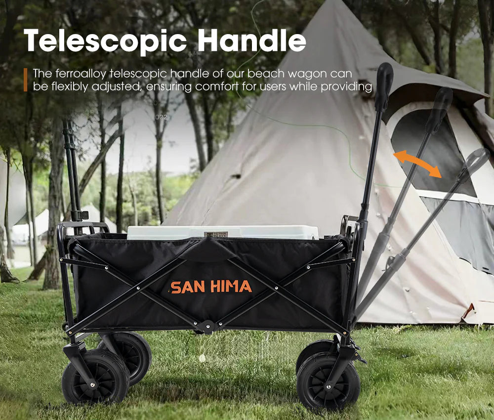 San Hima folding camping wagon with flexible, telescopic handle for comfortable use